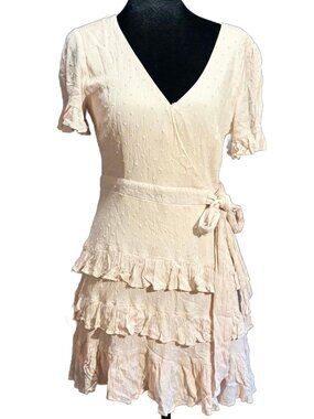 Lulu's Call Me Cute Cream Swiss Dot Tiered Faux Wrap Mini Dress